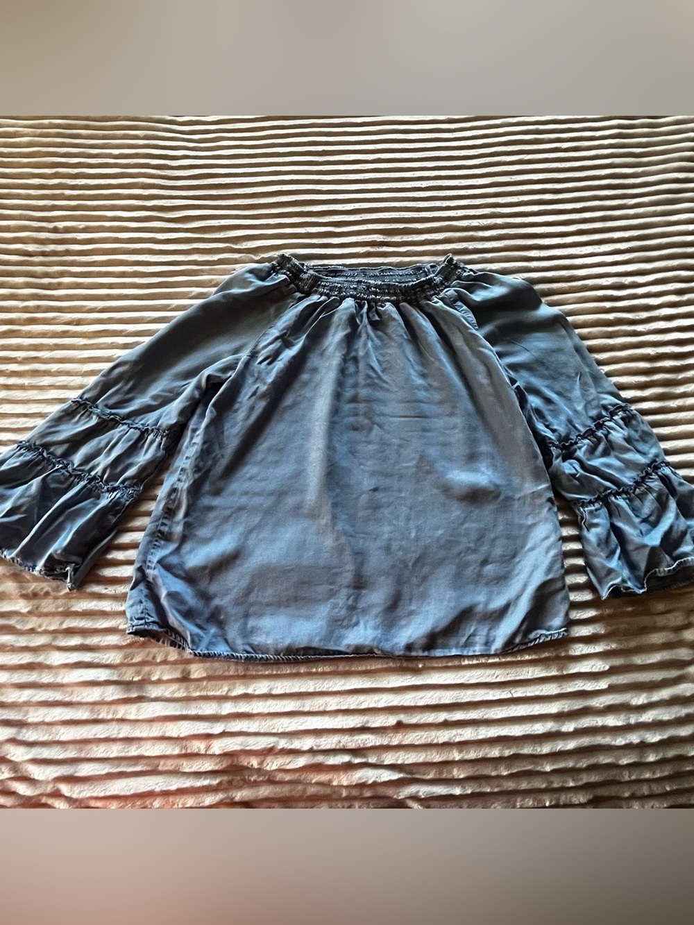 Justice denim blue off-the-shoulder bell sleeve top ♡